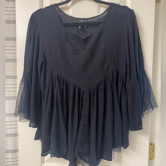 Fun & Flirt Elegant Black Tulle Lace Inserts 3/4 Sleeve Top Size Large - Picture 15 of 16